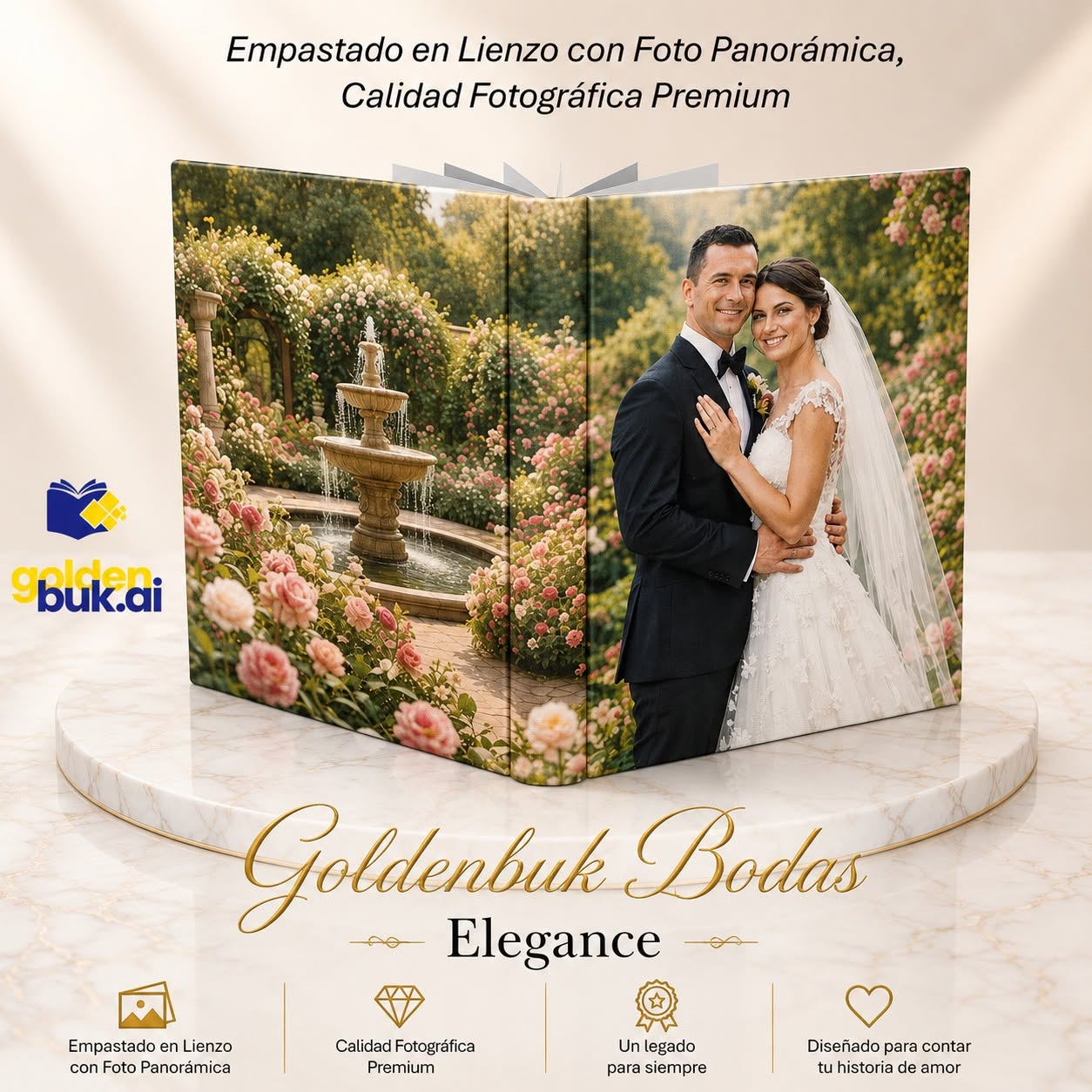 Libro Goldenbuk Bodas Elegance con fotografía panorámica de una pareja