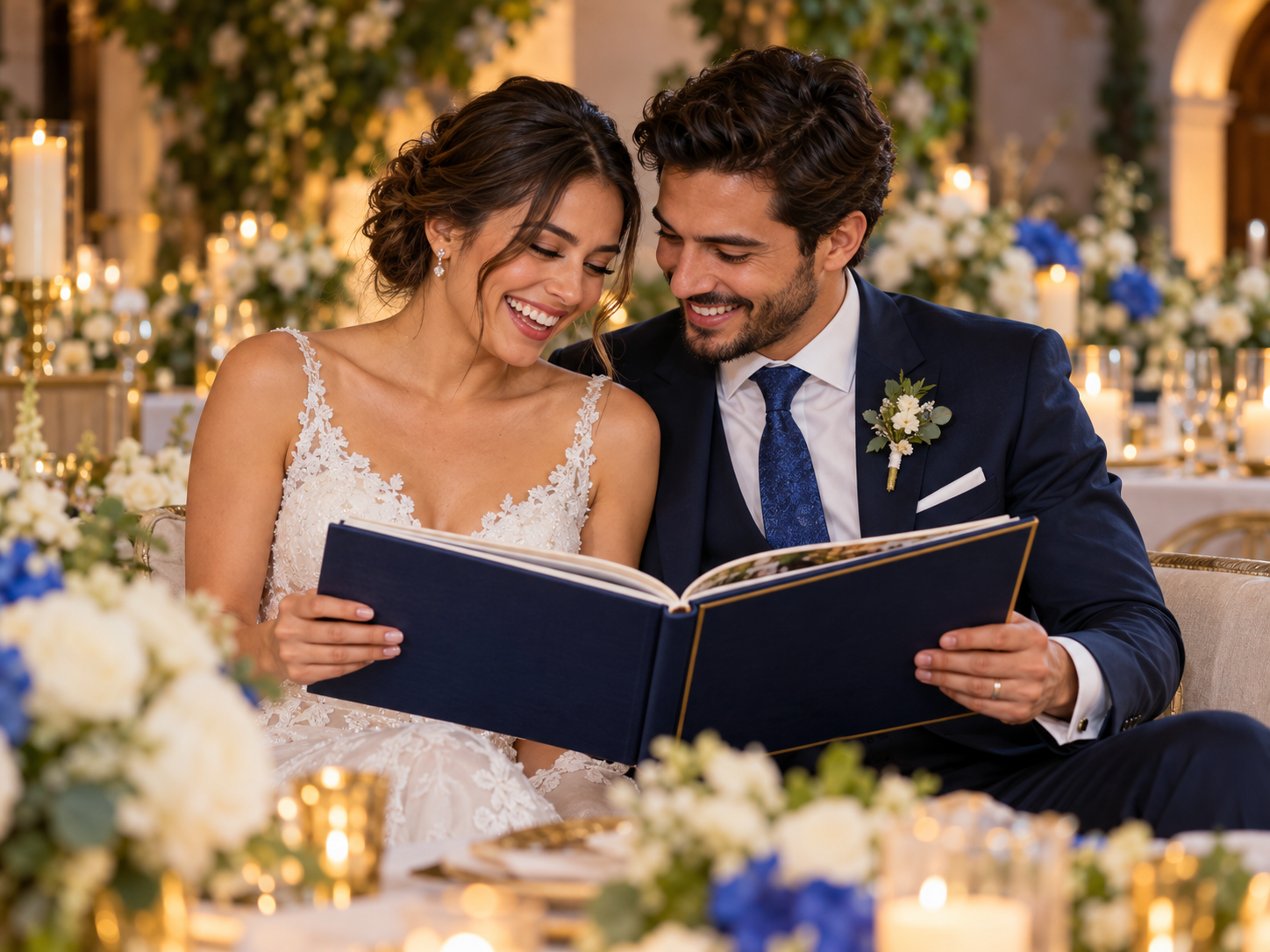 Pareja en su boda revisando un álbum