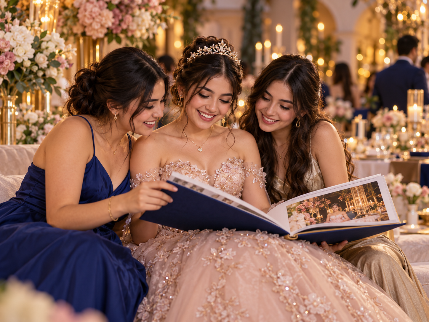 Quinceañera con su familia en la celebración